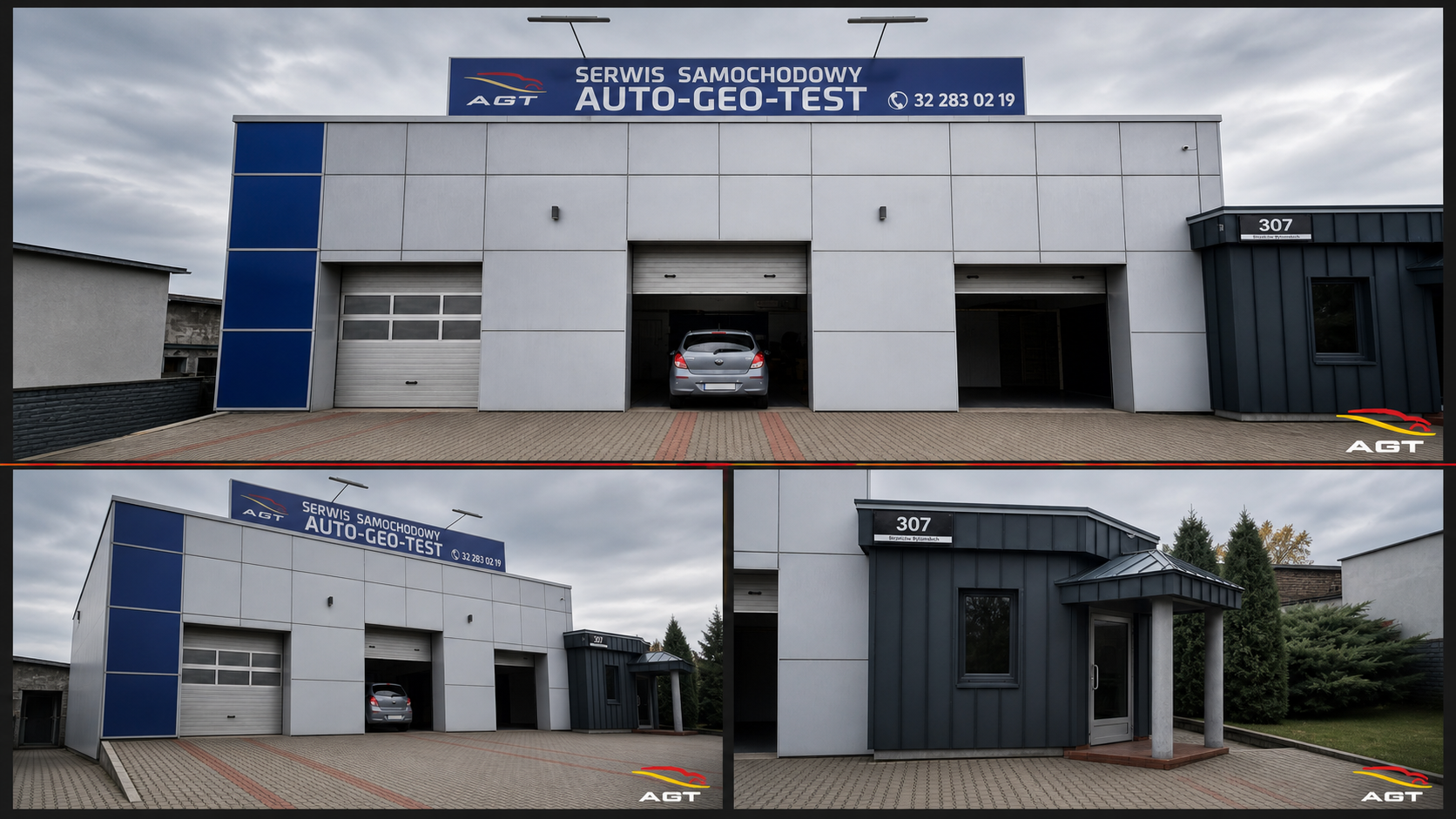 Auto-Geo-Test Stroszek — profesjonalny kolaż elewacji i wejścia do serwisu