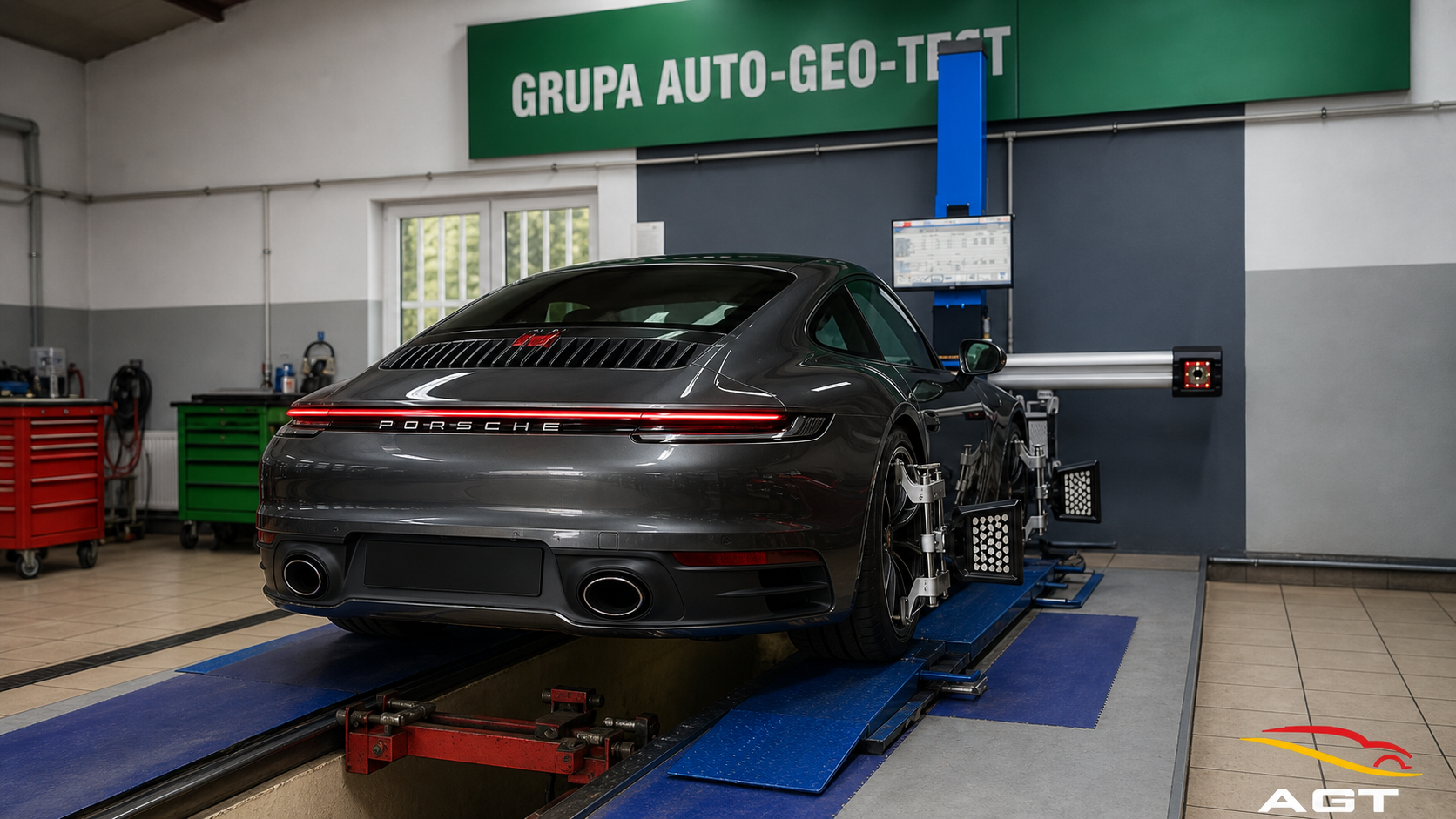 Porsche 911 podczas geometrii kół 3D w Auto-Geo-Test